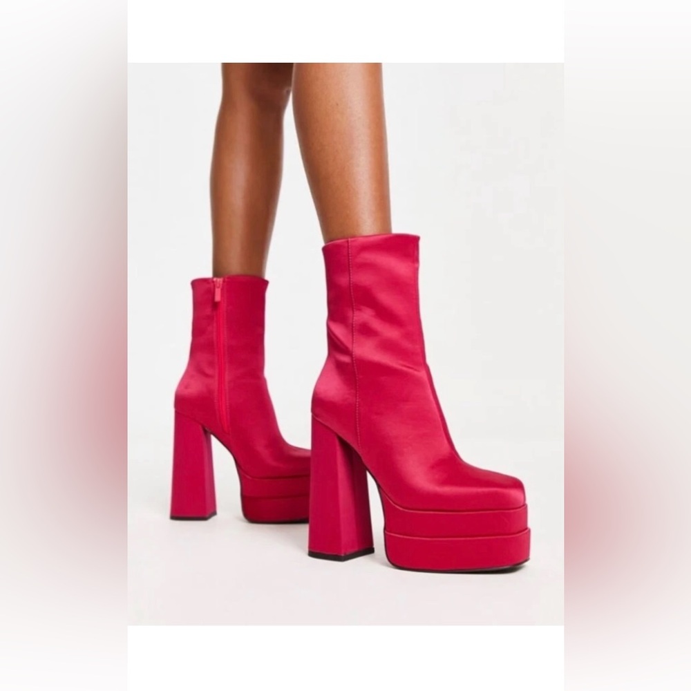 ASOS Fuchsia Satin Square Toe Hi Block Heel Platform Boots Sz 9 NWT - Picture 2 of 13